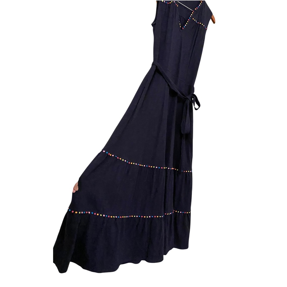Boden Tara Tiered Midi Dress US 8 Pom Trim 100% Cotton Navy Blue - Picture 8 of 15